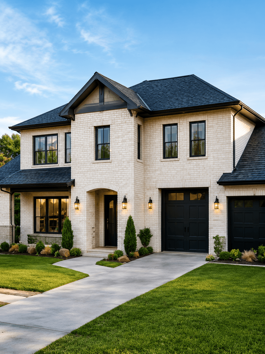White brick home with dark trim, garage doors, and landscaped front yard