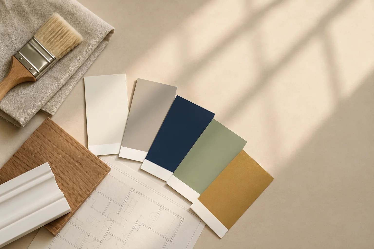 Paint color samples arranged with wood and finish materials