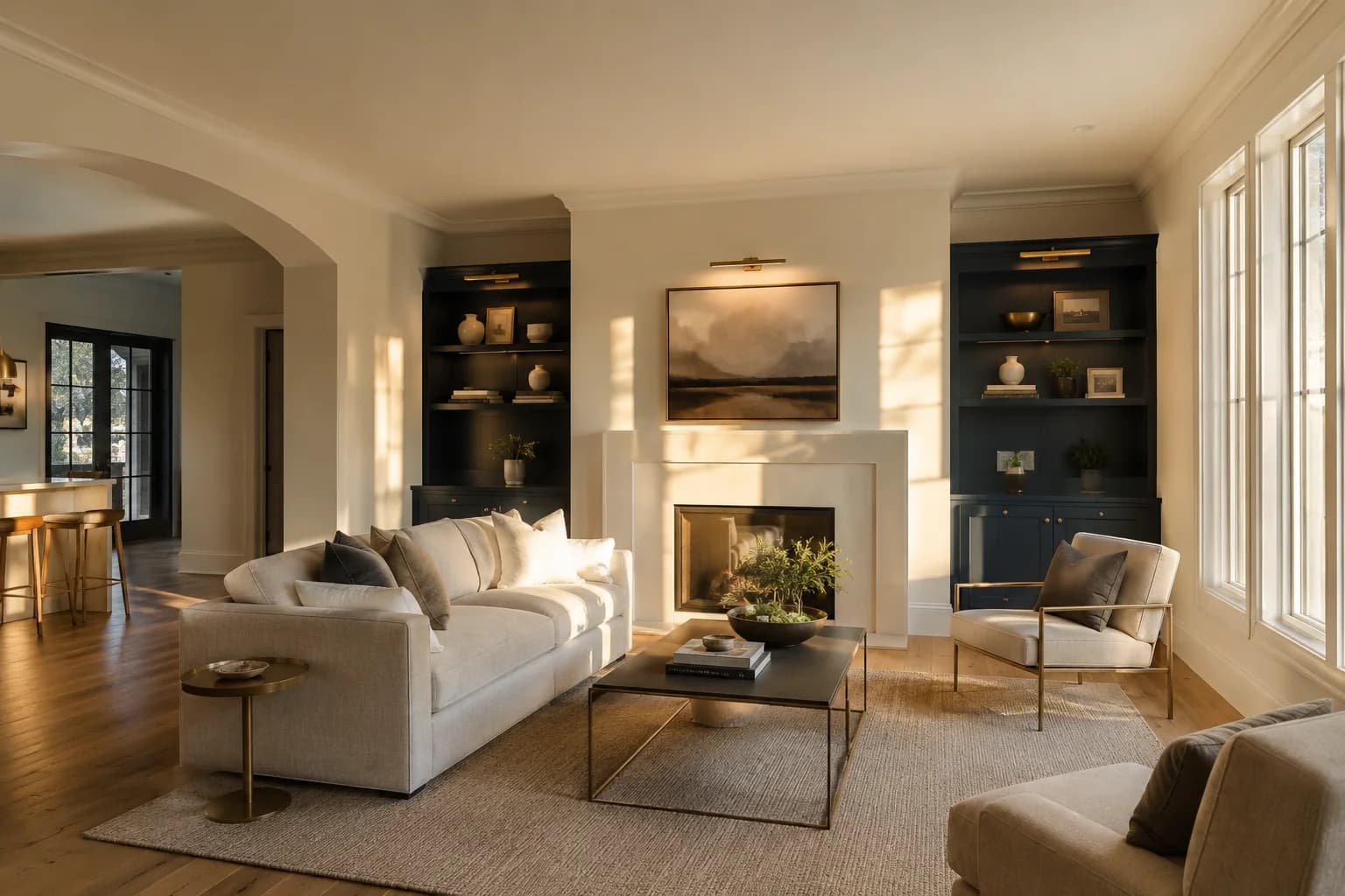 Warm finished living room with navy built-ins and crisp white trim