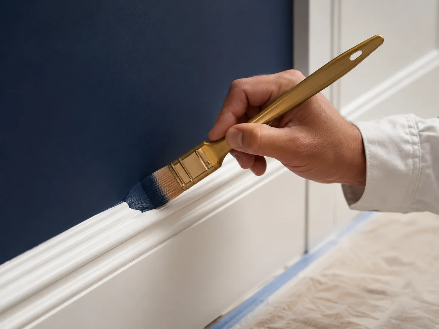 Close view of precise navy brushwork along white trim