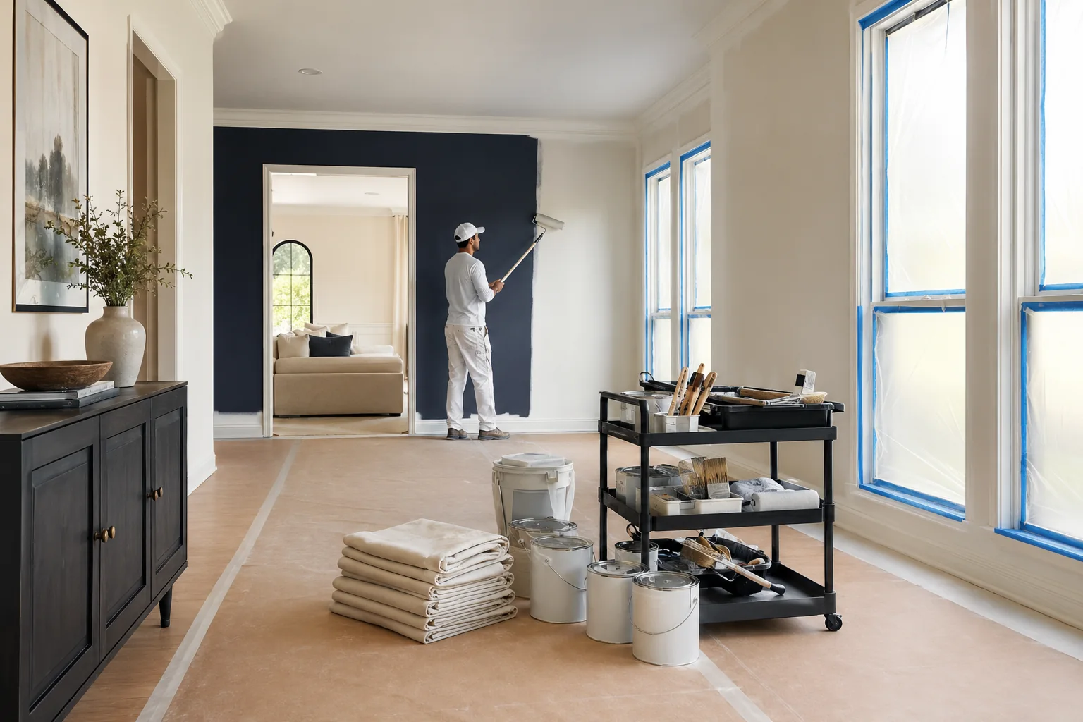 Organized painting workspace with protected floors and windows